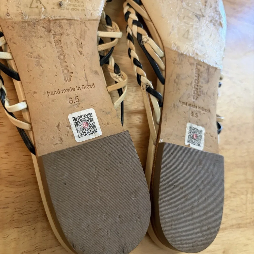 Larroudé Ibiza flat mules in multi-neutral leather 6.5 Tan Black‎ Brown Braided